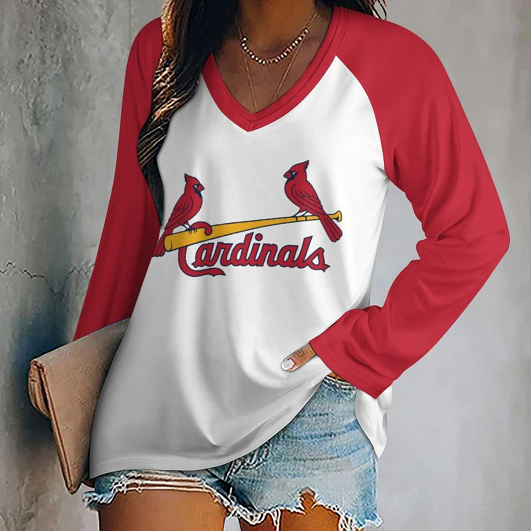 V-neck Long Sleeve Casual T-shirt for  Women and Men Printed with Pattern,Red,Dark Blue,White