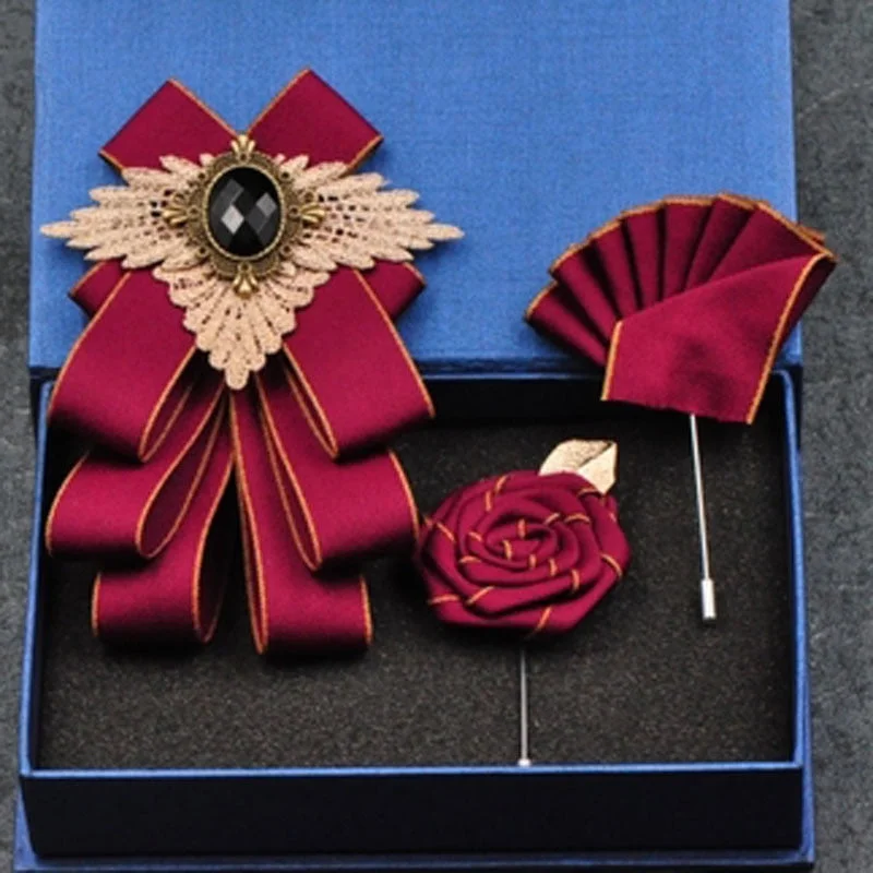 New Bow Tie Vintage Rhinestone Handmade Ribbon Brooch Bowtie Elegant Jewelry Collar Pin Cravat Wedding Accessories Pocket Square