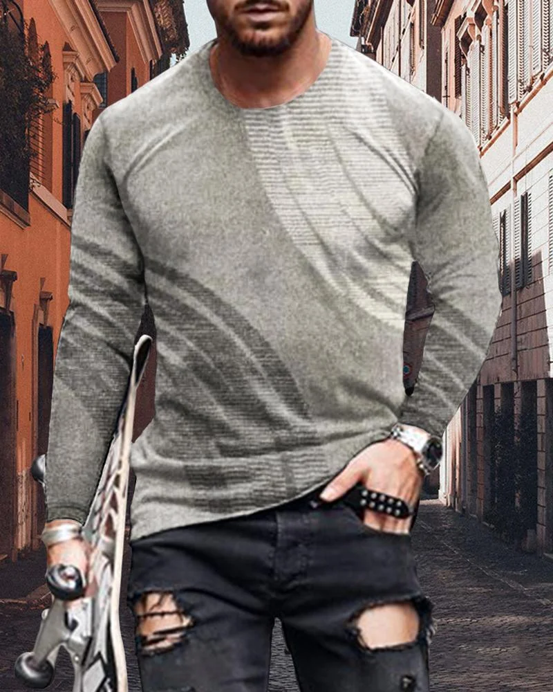 Men's Fashion Gray Abstract Printing Long-sleeved T-shirt
