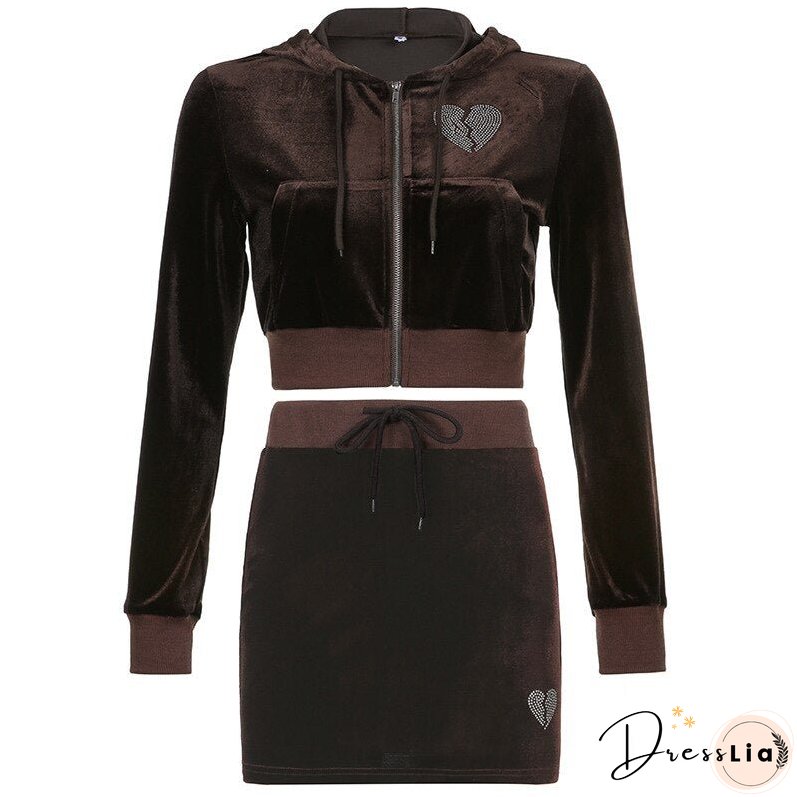 Christmas Gift Kefira Autumn Winter Sweet Velvet Diamond Heart Hoodies Women Hooded Jackets Zip Up Long Sleeve Cropped Top Sweatshirts