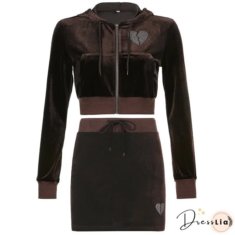 Christmas Gift Kefira Autumn Winter Sweet Velvet Diamond Heart Hoodies Women Hooded Jackets Zip Up Long Sleeve Cropped Top Sweatshirts