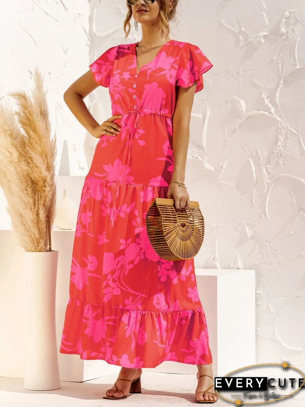 V-neck Floral Print Maxi Dress P16236