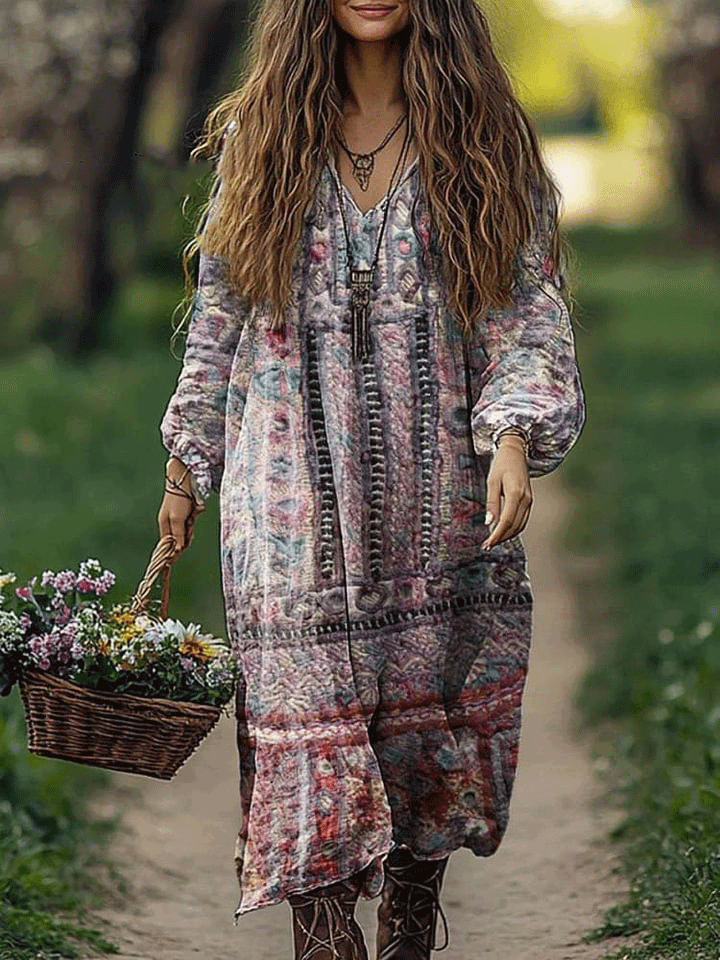 Women's Retro Ethnic Style Patchwork Pattern Art Print Pocket Cotton V-Neck Long Sleeve Dress