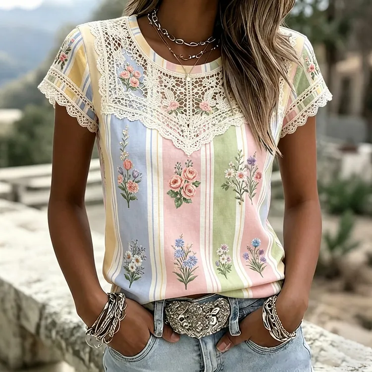 Women's Vintage Floral Lace Patchwork Art Crew Neck T-shirt