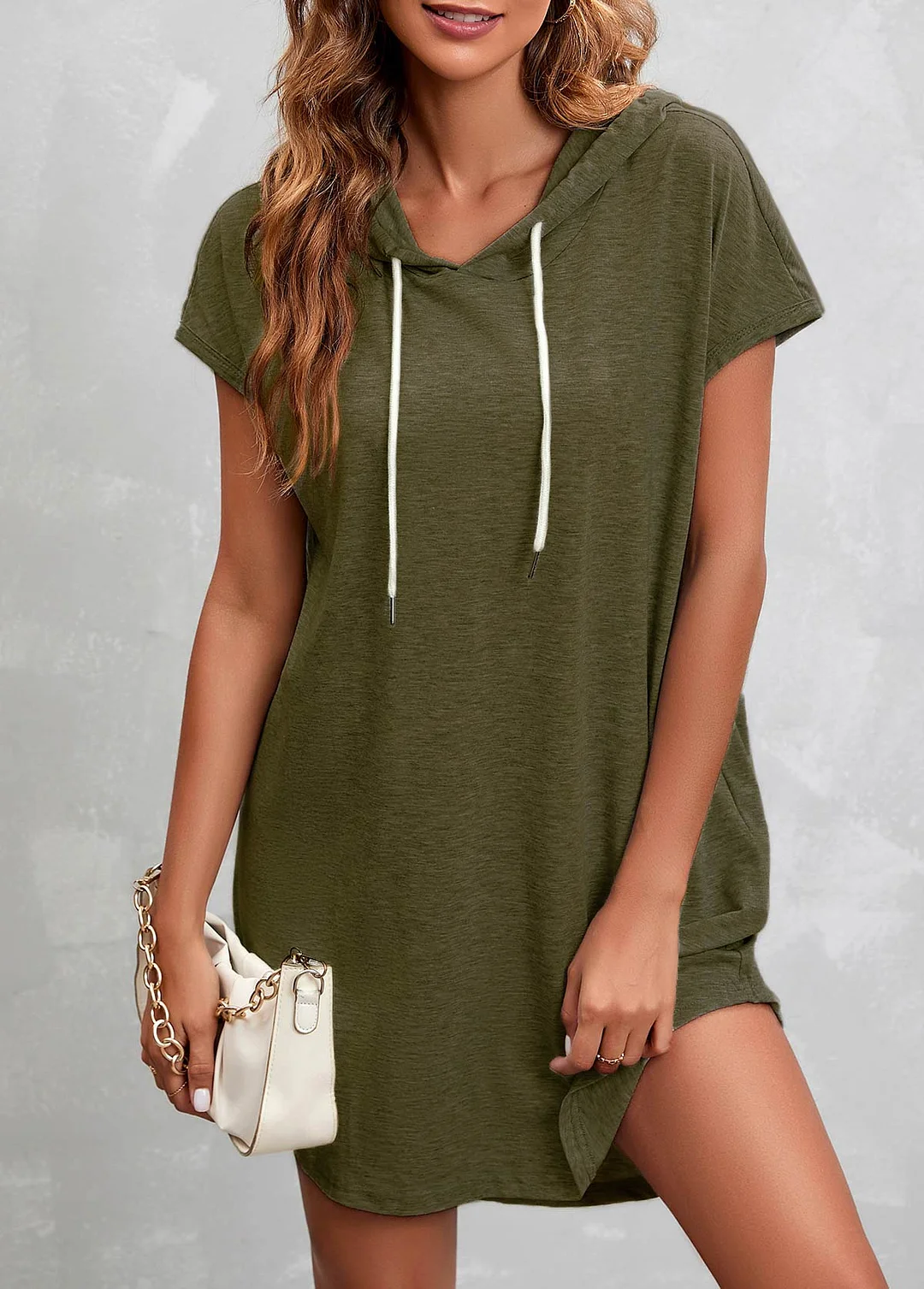 Army Green Hooded Collar Drawstring Dress