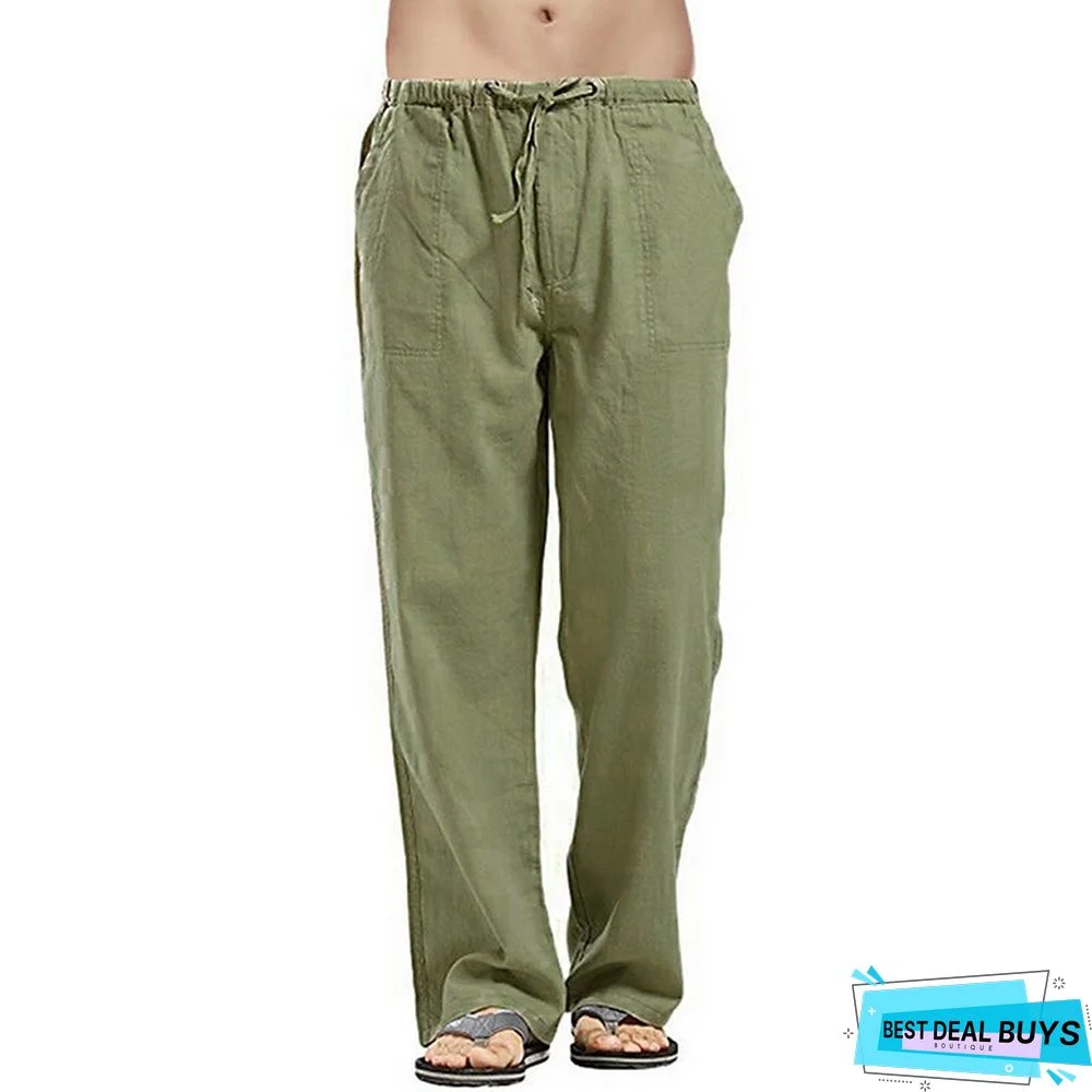 Men's Linen Pants Trousers Summer Pants Beach Pants Wide Leg Plain Breathable Full Length Work Daily Beach Linen / Cotton Blend Fashion Casual Loose Fit Black White