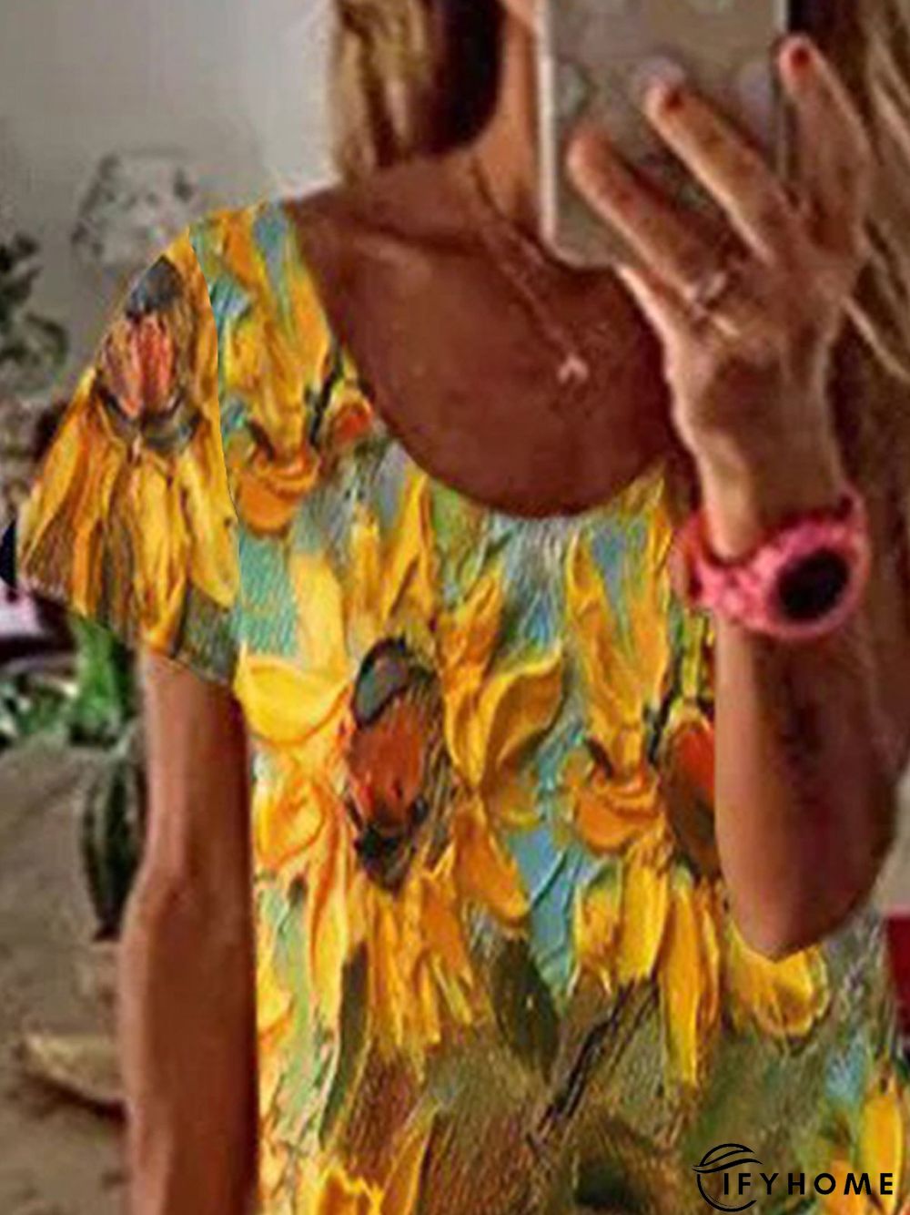 Crew Neck Shift Sunflower Short Sleeve T-shirt | IFYHOME