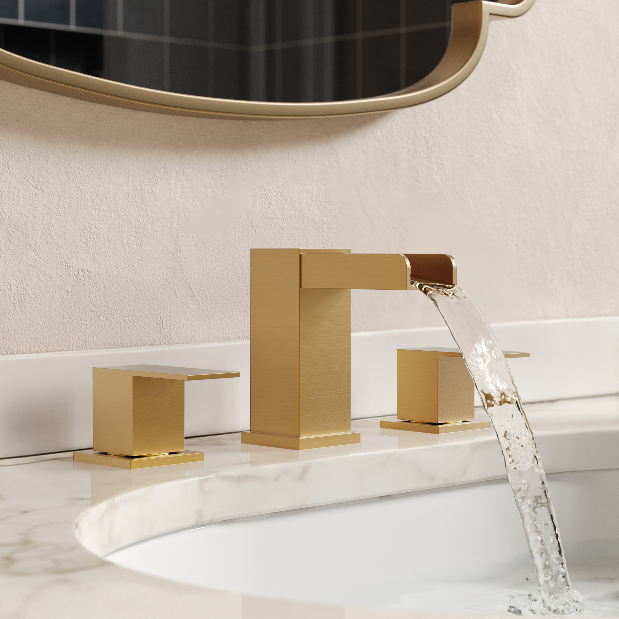 GRANDJOY Brushed Gold Widespread 2-Handle Waterfall Bathroom Sink Faucet with Drain 3 Hole