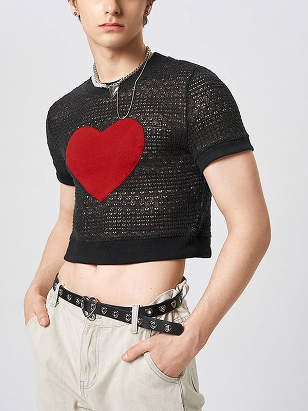 Mens Heart Patchwork Hollow-out Cropped T-shirt SKUJ96555