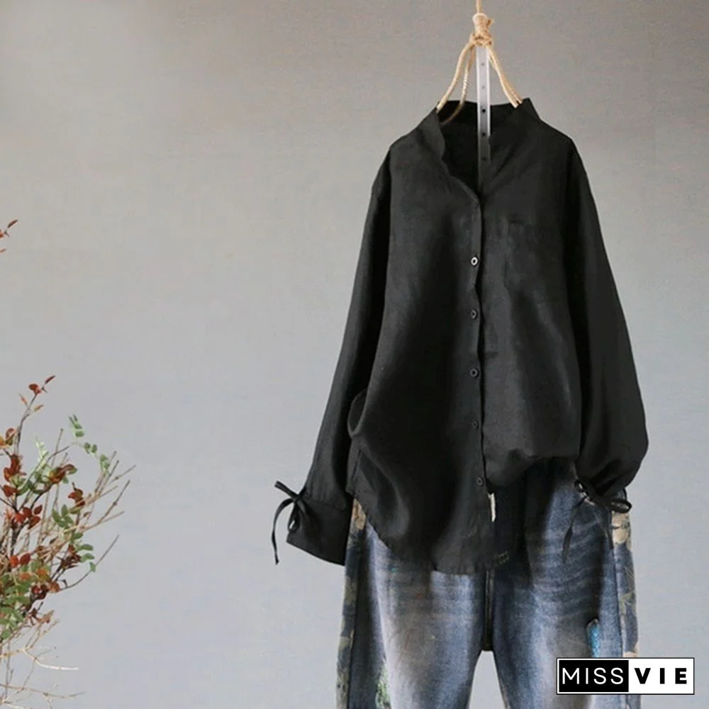 Women Stand Collar Long Sleeve Loose Casual Tops Shirt Blouse