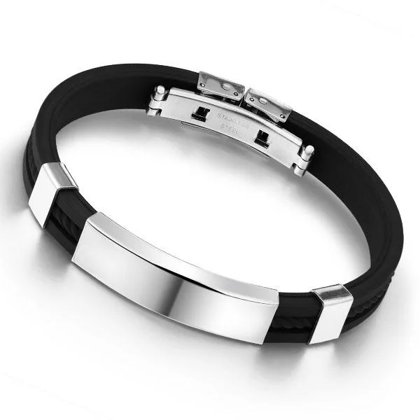 Engraved Personalized Men Bracelet Women Silicone Bracelet Black Stainless Steel Emergency ID Wristband