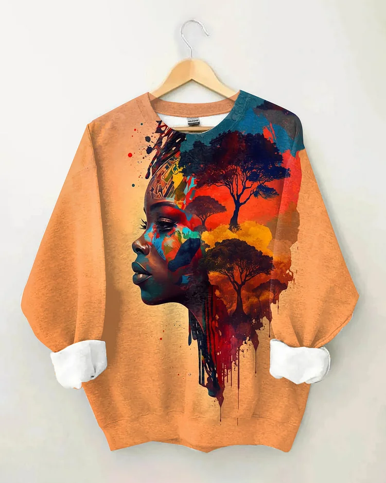 Forest Black Woman Oil Painting Long Sleeve Sweatshirt