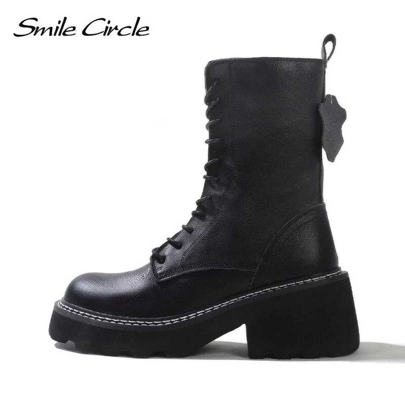 Smile Circle Chunky Ankle Boots Women Genuine Leather Black Motorcycle Boots Platform Warm Plush High heels Ladies Booties
