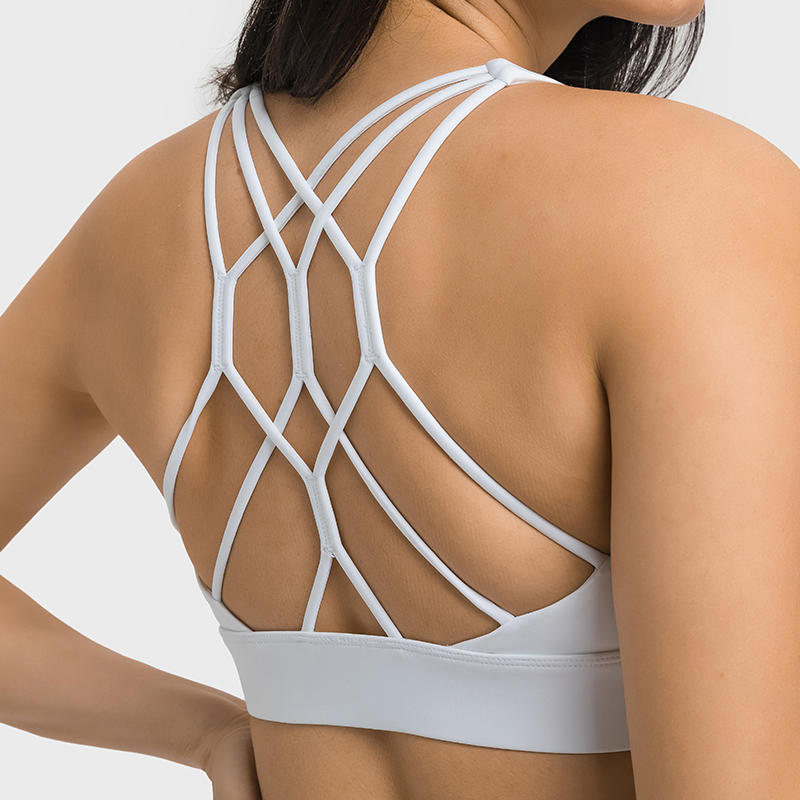 Buy Hergymclothing White disperse stress multi criss cross straps push-up high impact activewear workout bra with removable pads online