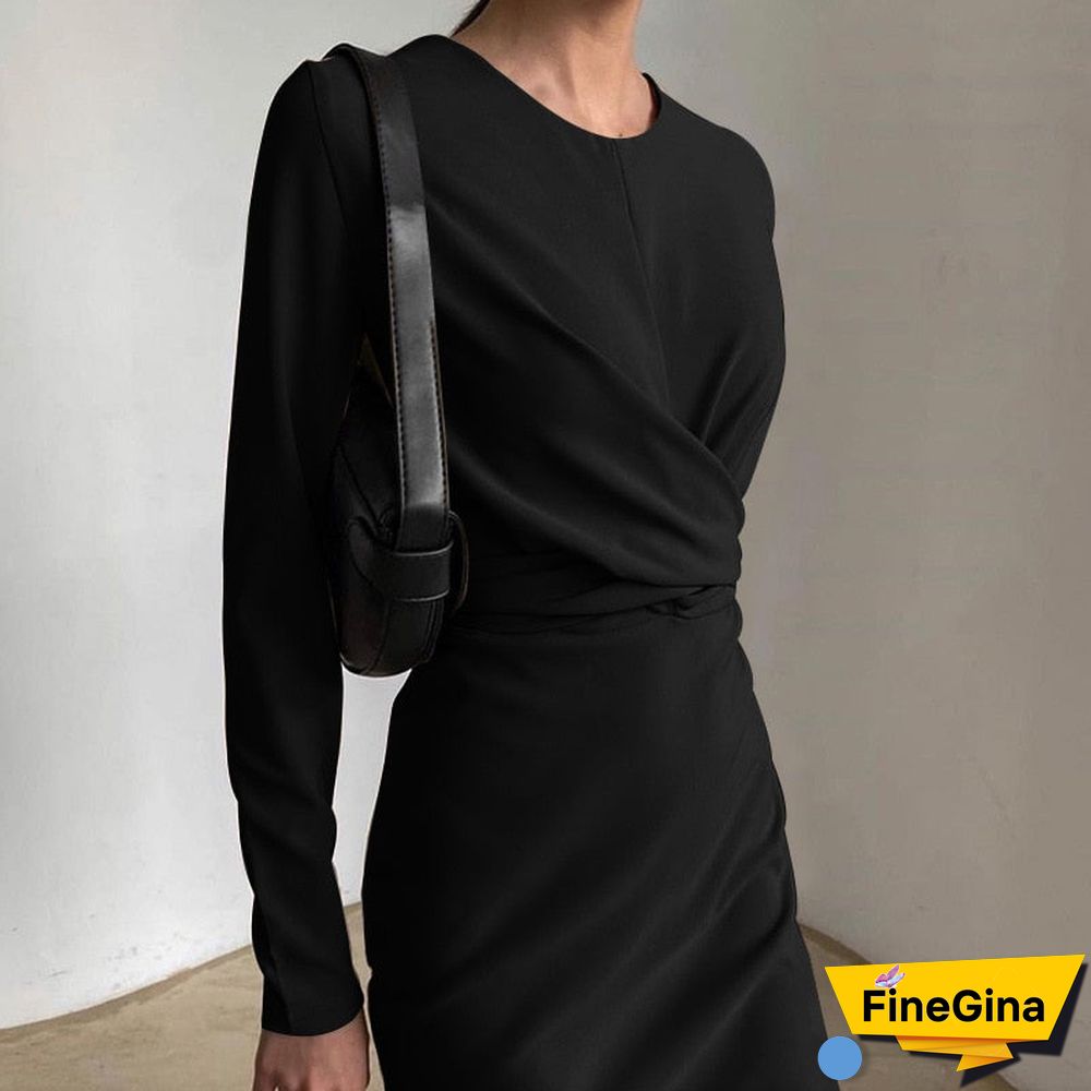Elegant Solid Twist Midi Dress For Women O-neck Long sleeve Bodycon Pencil Partywear