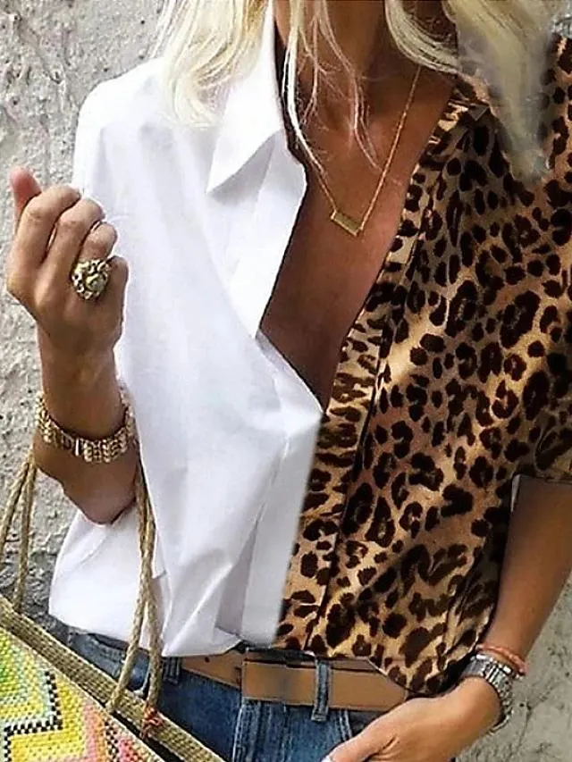 Women's Plus Size Shirt Leopard Long Sleeve Loose Topsyes
