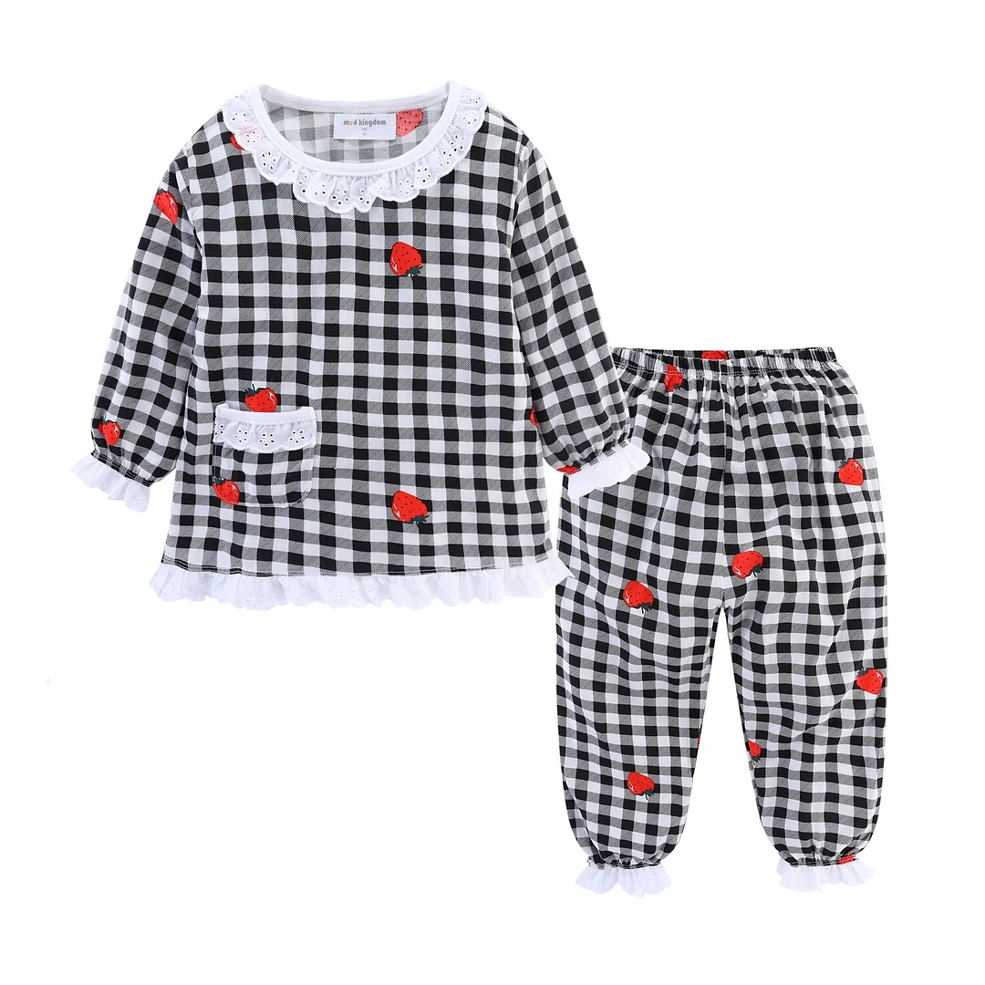 Mudkingdom Strawberry Sleek Baby Girl Pajamas Set Summer Plaid Sweet and Lovely Pajama Suit With Lace Cuffs Toddler Sleepwear