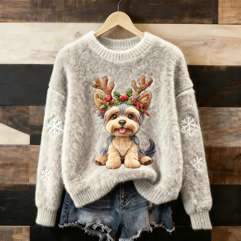Christmas Reindeer And Dog Plush Warm Wool Pullover elevenforest