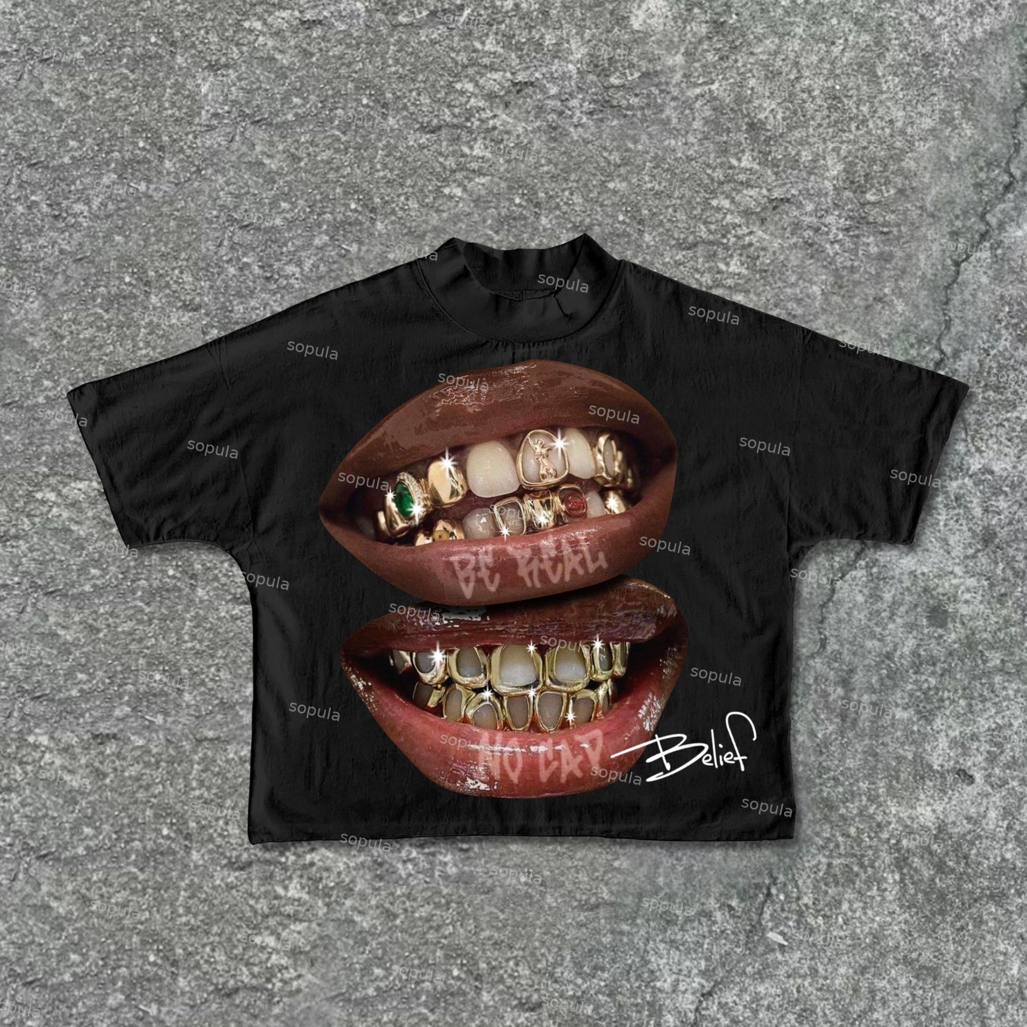 Sopula Street Style Yellow Gemstone Braces Lip Graphic Cropped T-Shirts - Sopula ｜Premium Graphic Tees & Graphic Streetwear