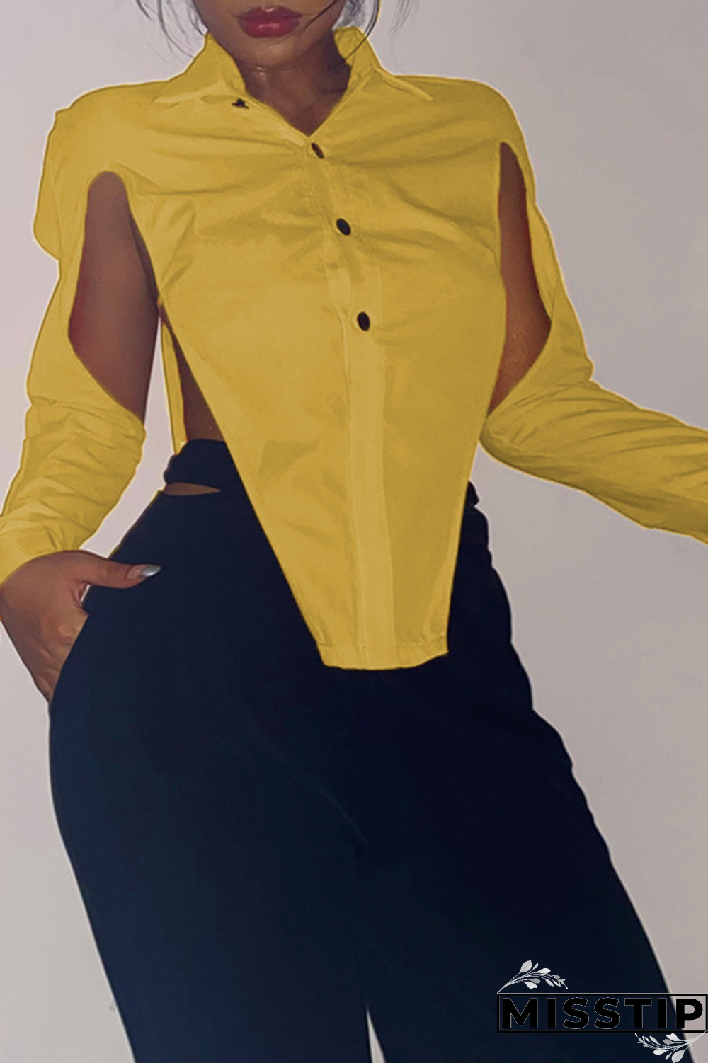 Grey Sexy Solid Hollowed Out Turndown Collar Tops
