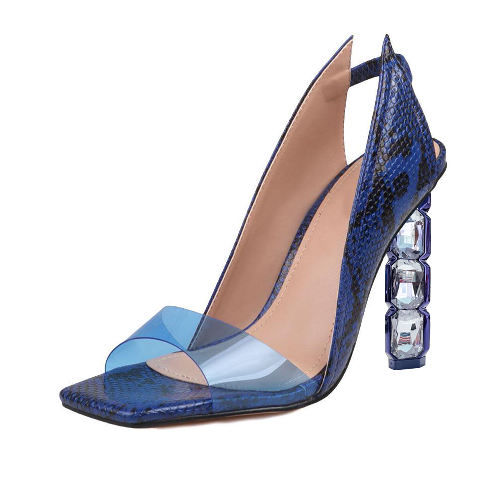 Blue & Clear PVC Open Toe 4‘’ Decorative Heel Sandals Nicepairs