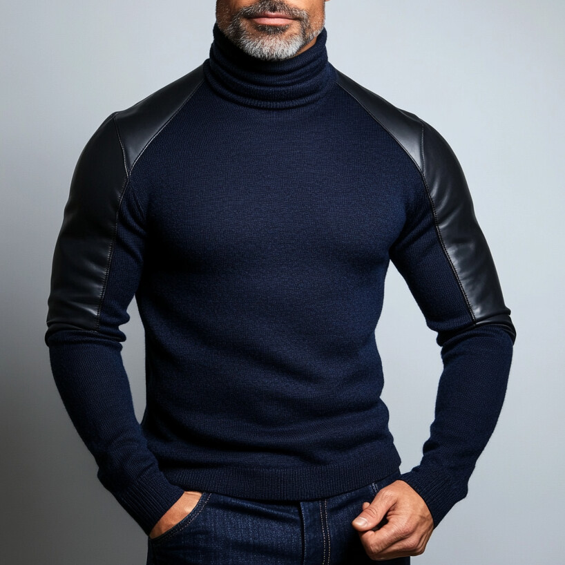 Men's Knit Patchwork PU Leather Long Sleeve Turtleneck Sweater