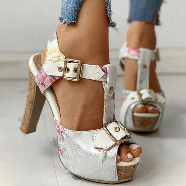 Flower Print Peep Toe Platform Chunky Heels