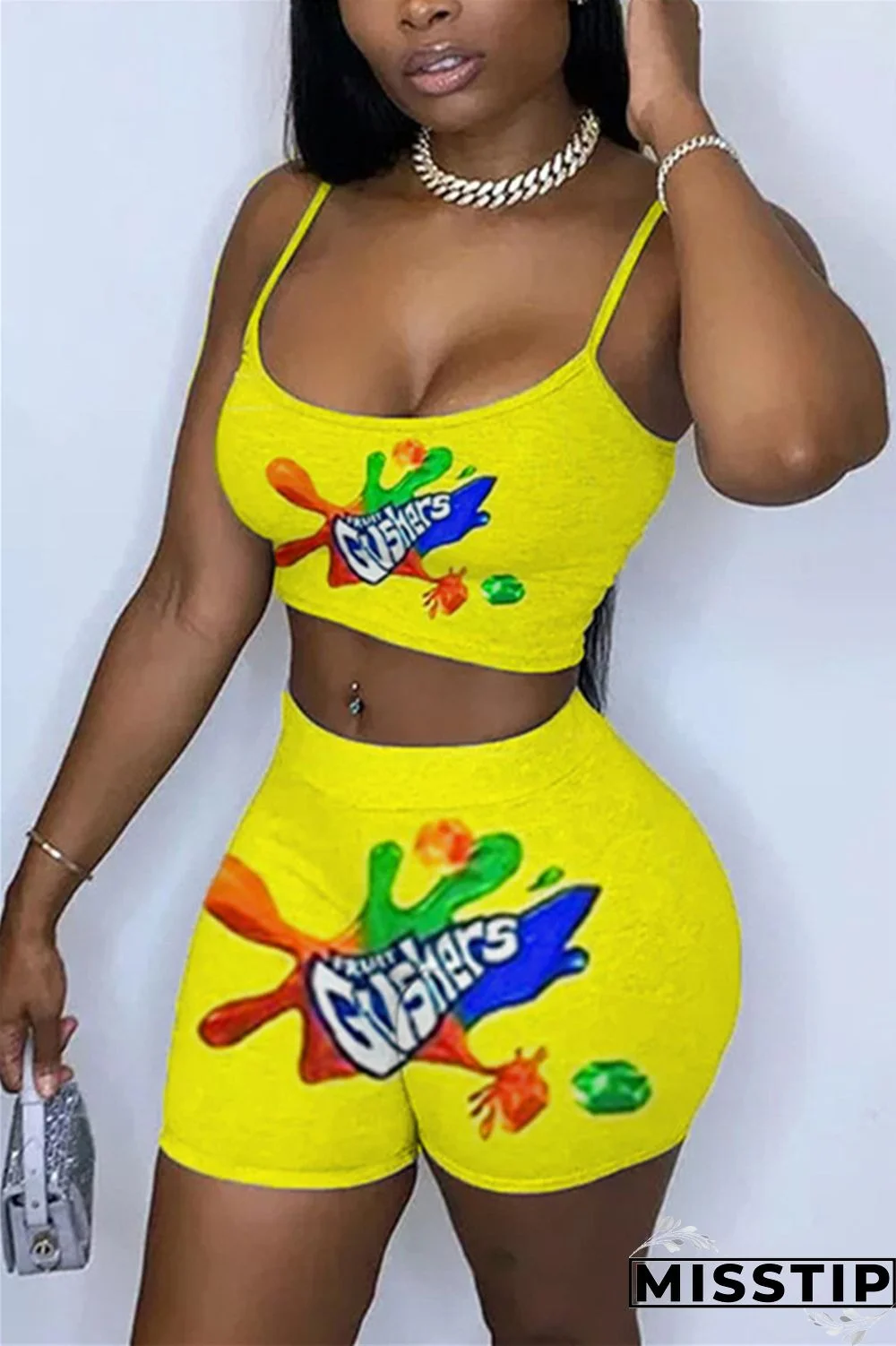 Yellow Casual Print Straight Sleeveless Two Pieces