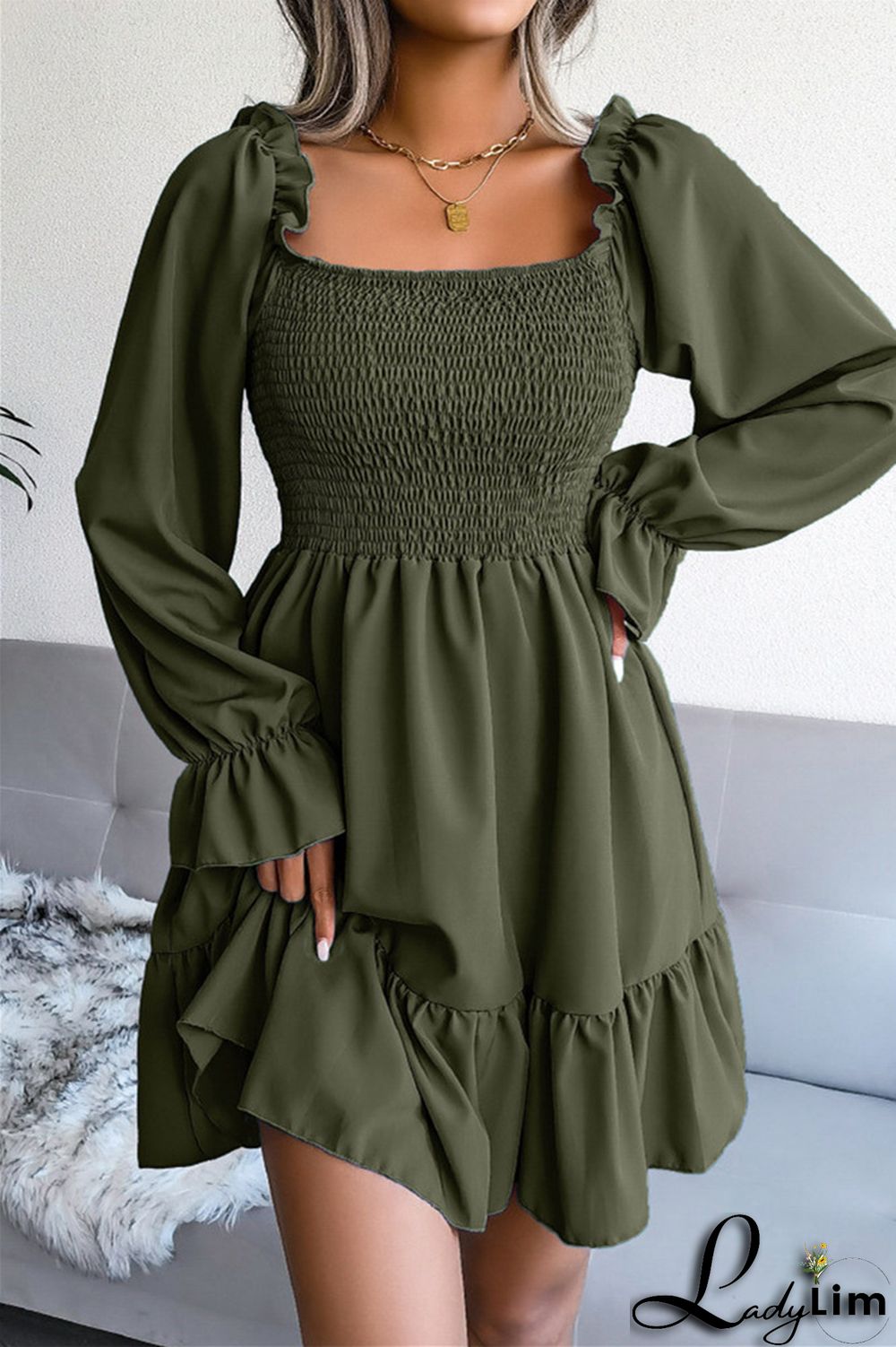 Burgundy Fashion Casual Solid Patchwork Square Collar Long Sleeve Dresses