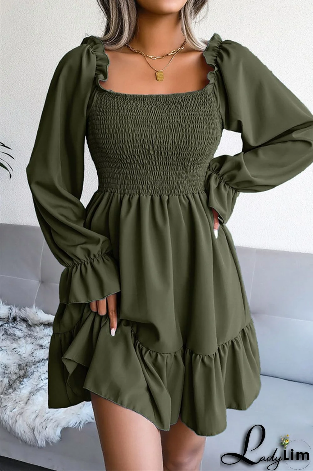 Burgundy Fashion Casual Solid Patchwork Square Collar Long Sleeve Dresses