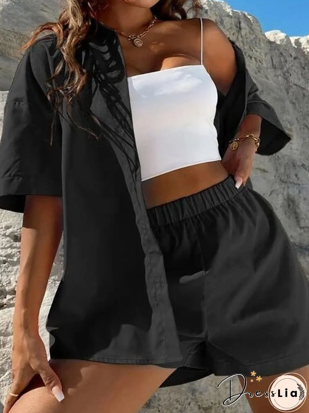 Women'S Sets Solid Dropped Shoulder Shirt & Shorts Two-Piece Set