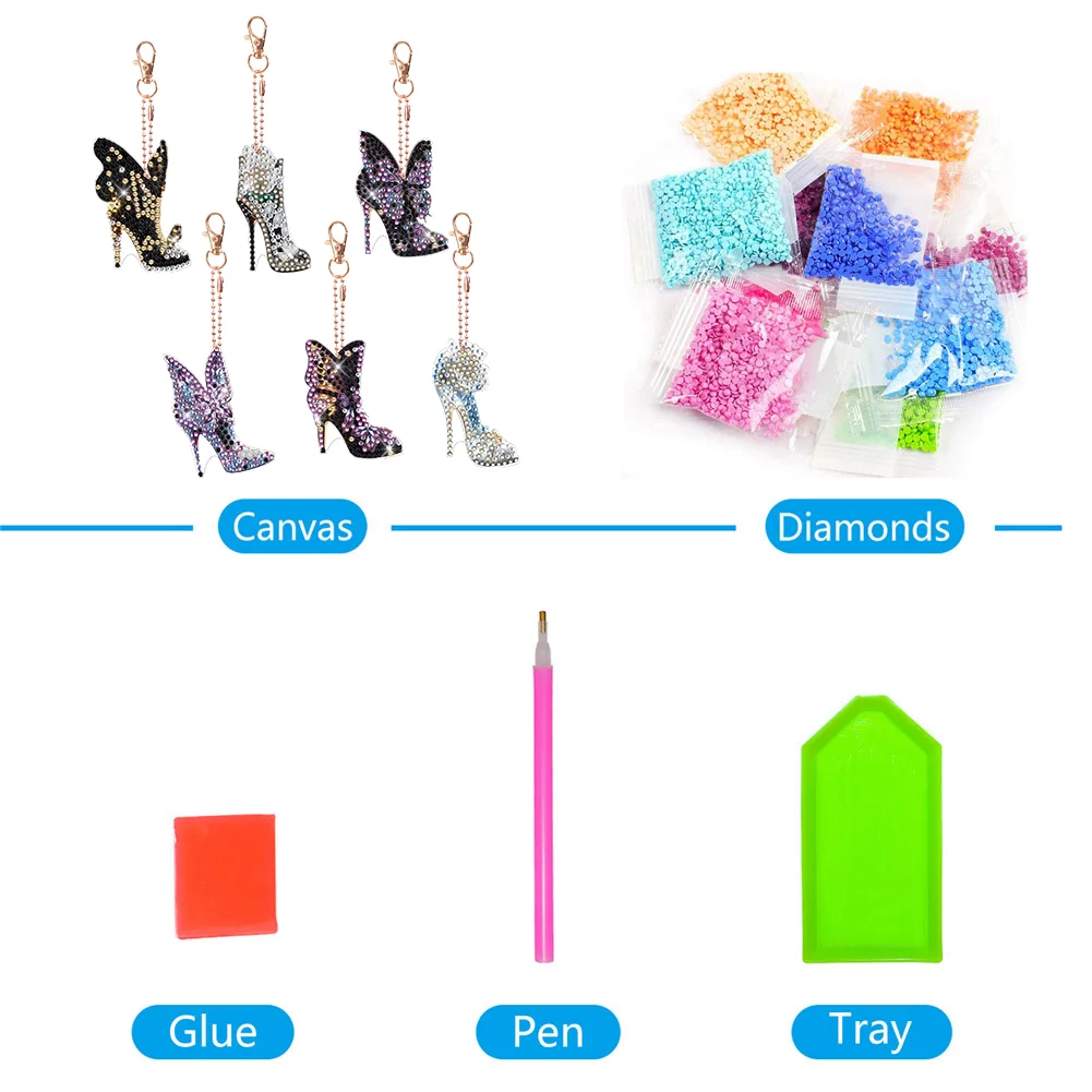 6pcs High Heels Diamond Art Keychains DIY Keychains Point Drill Key Ring(Double Side)