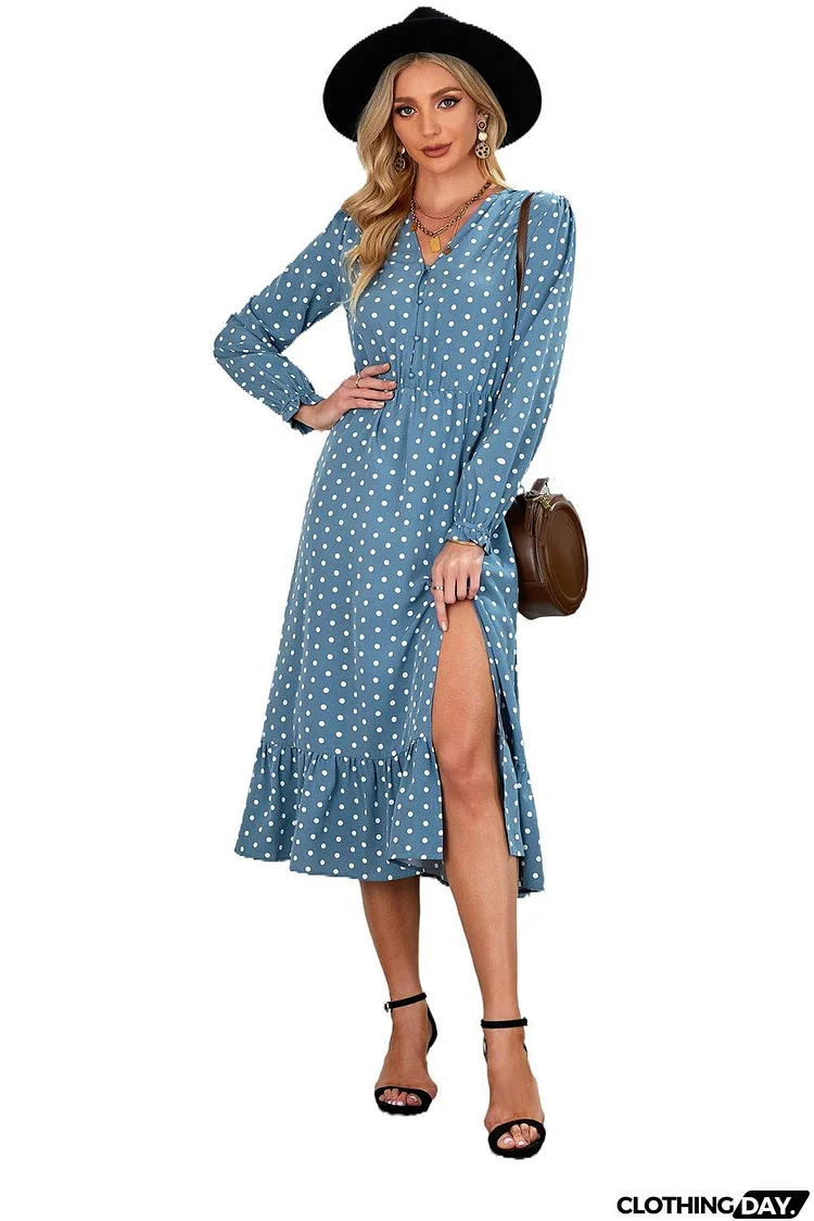 Button Polka Dot High Slit Ruffled Midi Dress