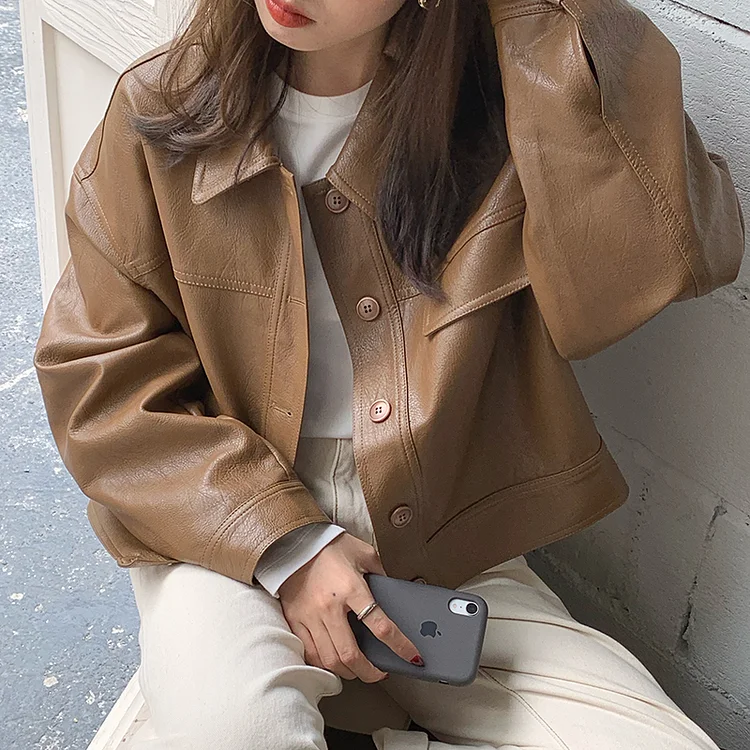 Casual Solid Color Long Sleeve Lapel Leather Jacket - yankia