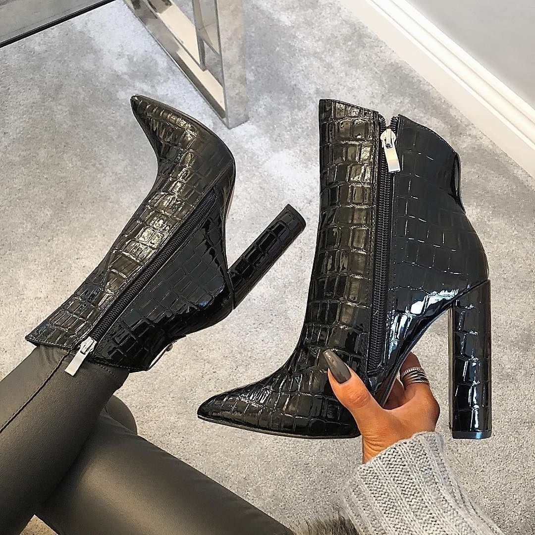 Black Patent Leather Croco Embossed Chunky Heel Fashion Ankle Boots