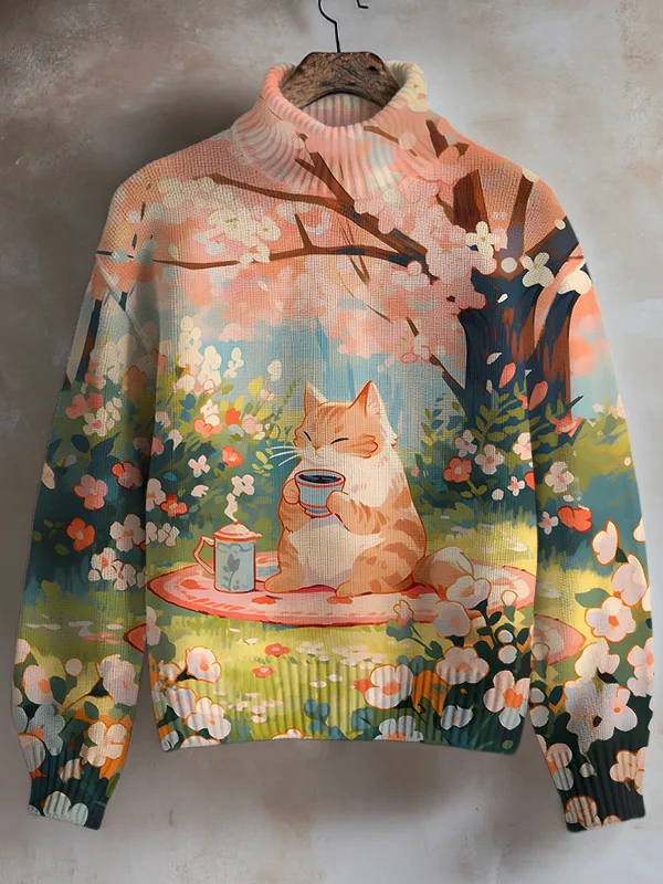 Women's Cherry Blossoms Cozy Cat Art Painting Print High Neck Knit Sweatshirt