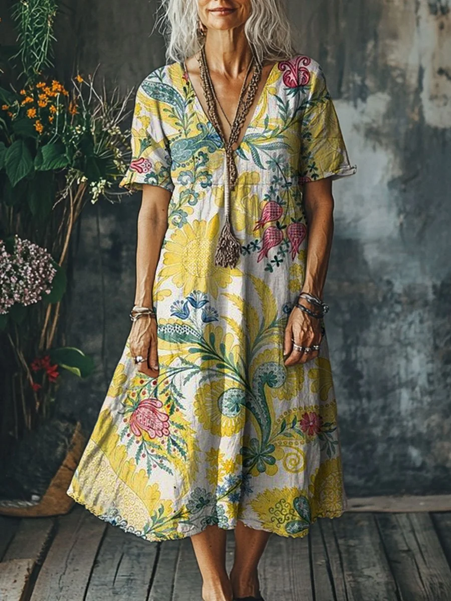 Women's  Flowers Art  Print Pocket Cotton Dress