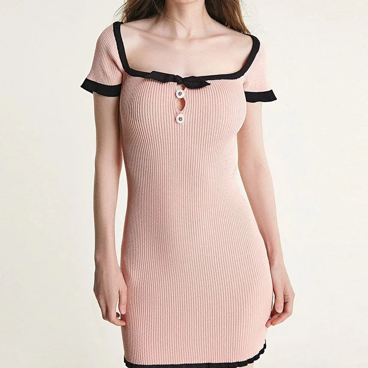 Pink Contrast Trim Bow Detail Rib-Knit Bodycon Mini Dress QueenFunky