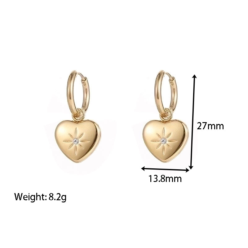 1 Pair Retro Heart Shape Inlay 304 Stainless Steel Zircon Gold Plated Drop Earrings