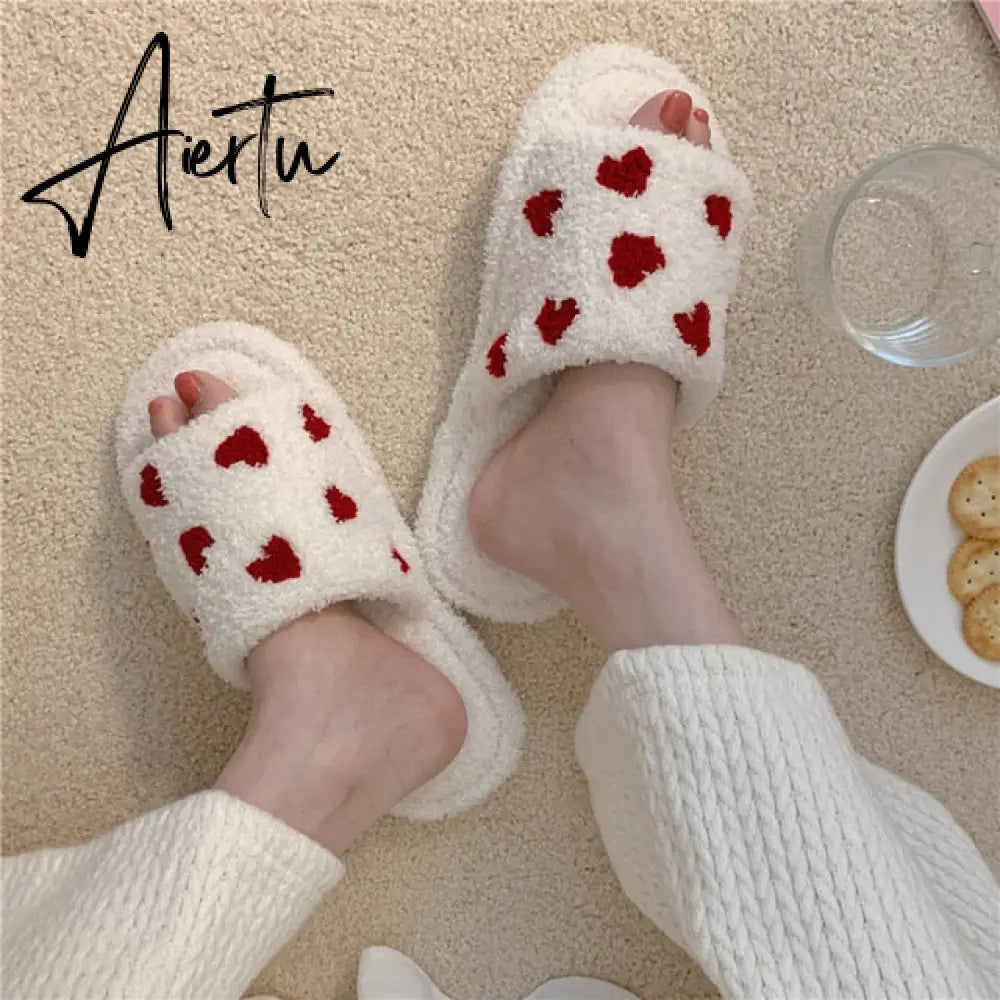 Aiertu Fuzzy House Slippers For Women Girls Fur Slides Winter Warm Women's Indoor Slippers Cute Heart Print Soft Bedroom Home Shoes Aiertu
