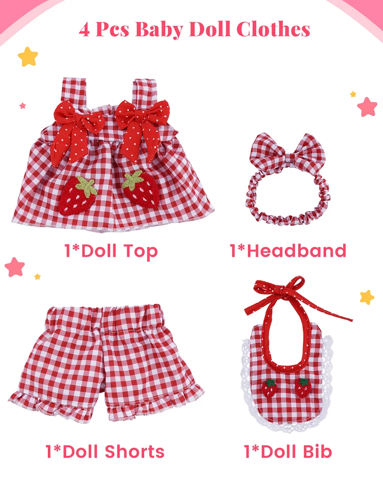 12&ndash;16 Inch Strawberry Gingham Doll Outfit Set &ndash; 4PCS Baby Doll Clothes with Top, Shorts, Headband & Bib