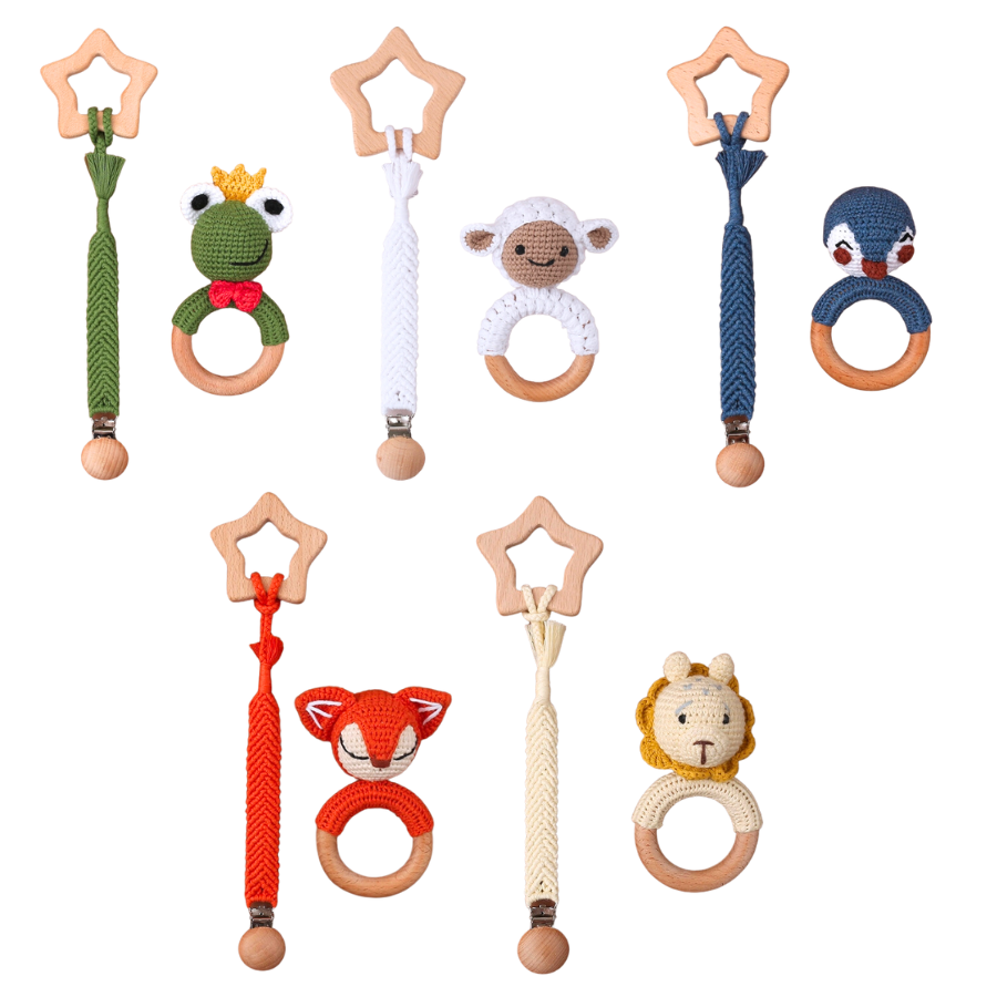 Endearing Creatures Crochet Animal Baby Rattles and Wooden Teethers gift Sets 