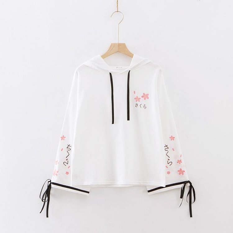 Sakura Embroidery Lace-up Sleeves Hoodie - Modakawa Modakawa
