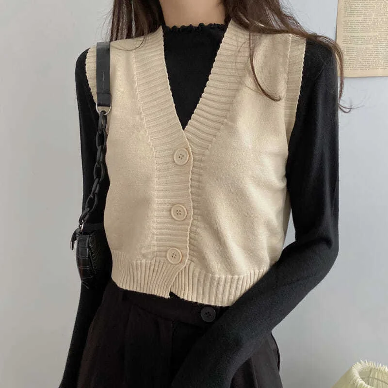 Sweater Vest Women Solid Crop Tops Fall Daily Streetwear Office Lady Elegant Korean Fashion Ins Chic Knitted Sweaters Vintage