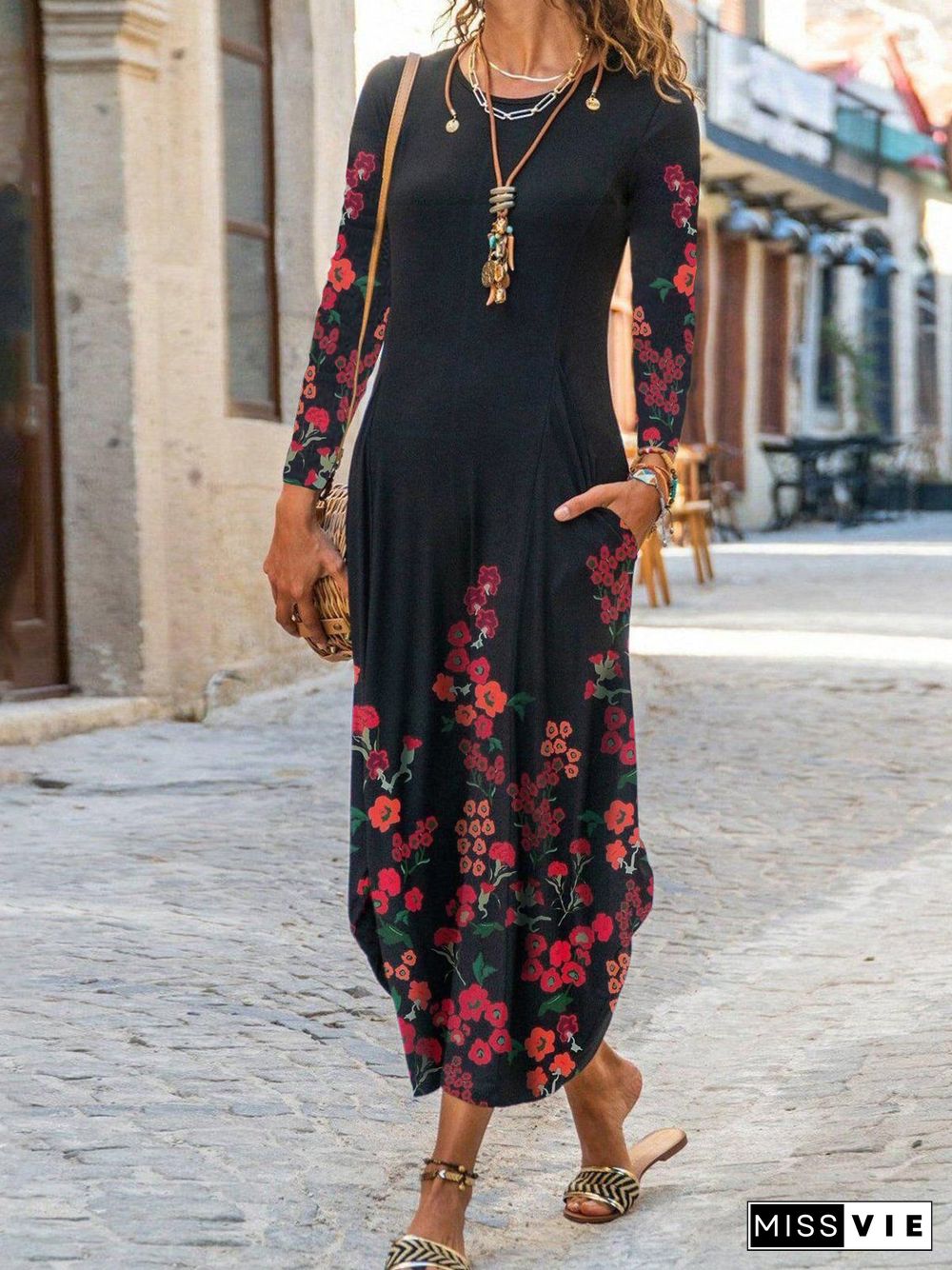 Loosen Pastoral Crew Neck Dresses