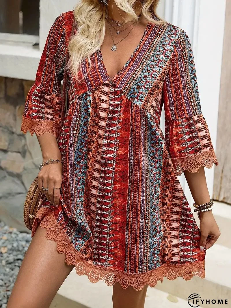 Vintage Boho Geometric Printed Crew Neck Long Sleeve Plus Size Casual Knitting Dress | IFYHOME