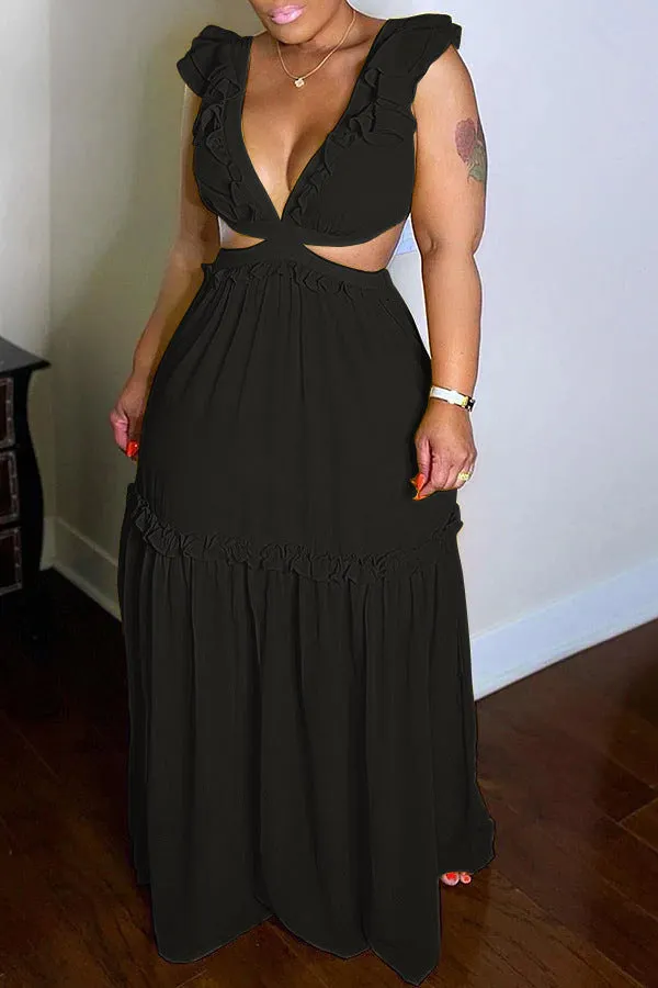 Brownm Sexy Deep Temperament Commute Backless Lace Chiffon Dress
