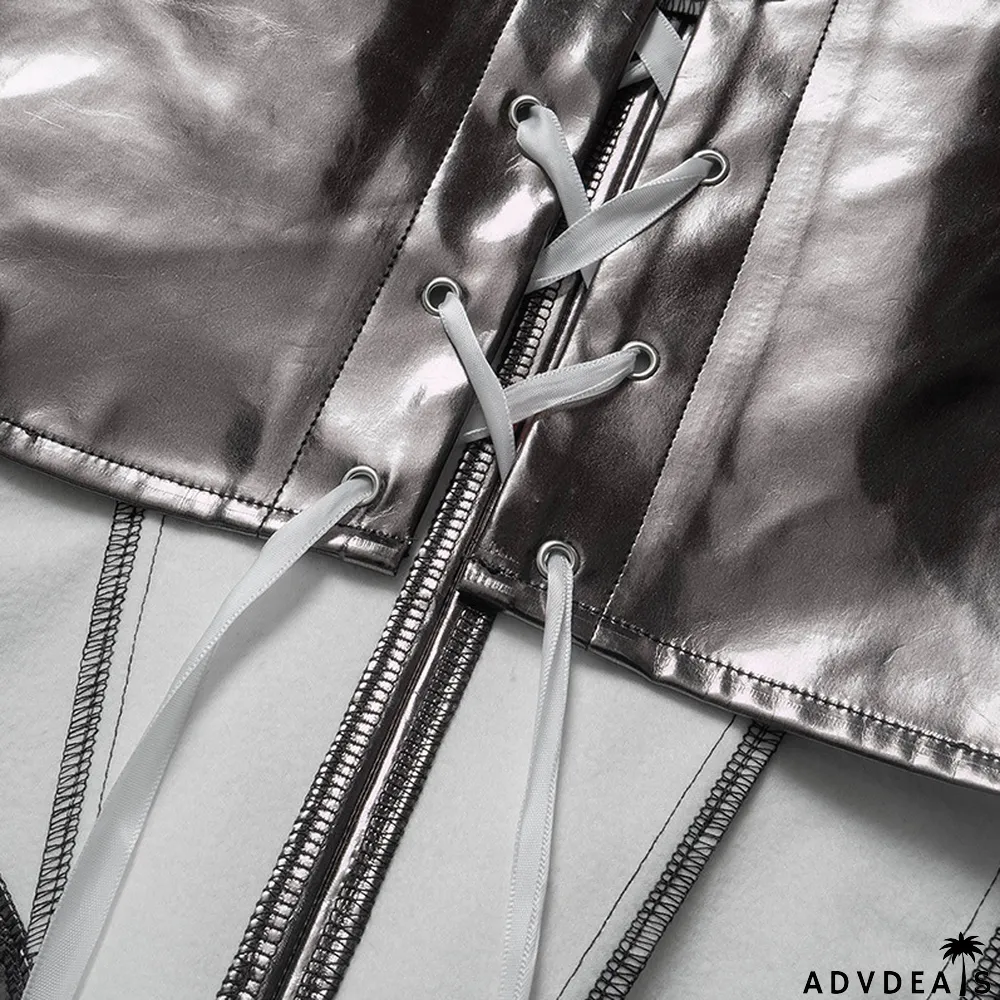 Women Summer Solid Color Sexy Sleeveless Backless Lace-Up PU-Leather Strapless Top