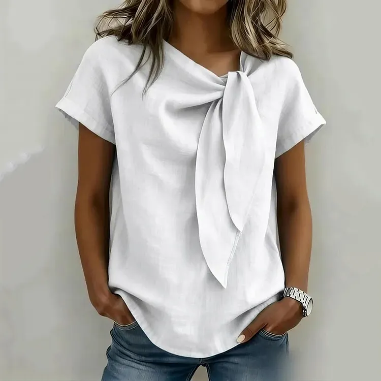 Casual Short Sleeves Lace Up Linen T-shirt