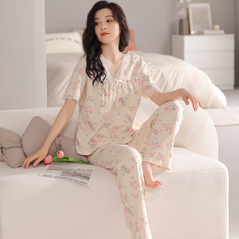 Wttao Summer small floral pyjamas women big yards female modal cotton pajamas set short sleeve long pants casual tracksuit pijamas 4XL